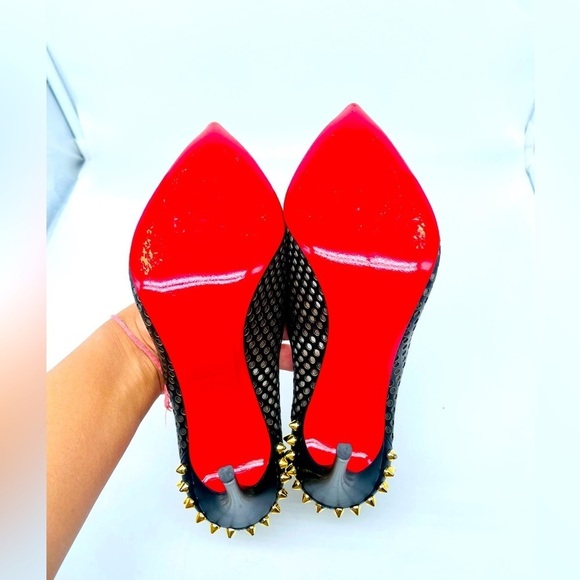 Christian Louboutin Black Leather Mesh Guni Spiked Gold stud 100mm pumps EU 38.5 - Picture 10 of 14